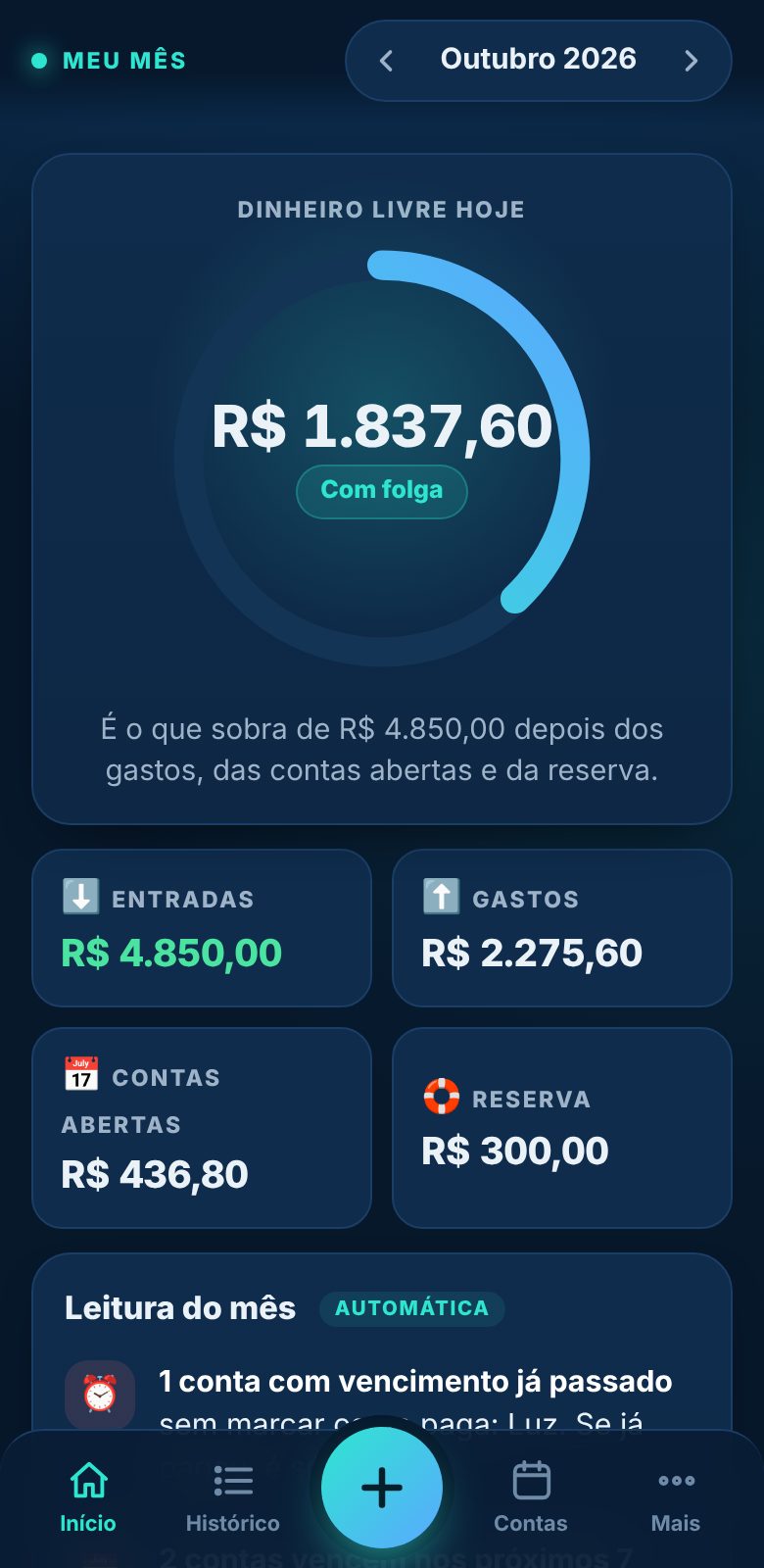 Tela do app com o painel Dinheiro livre hoje